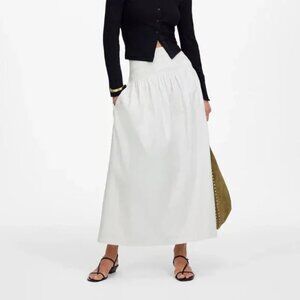 Madewell Smocked Waist Cotton Poplin Relaxed Midi Skirt White Size L NWT